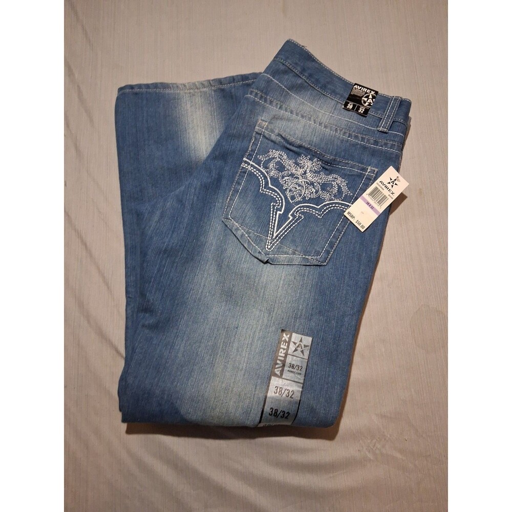 Vntg Avirex Jeans Mens Sz 38x32 Whiskering Straight Leg Embroidered Hip Hop Y2K